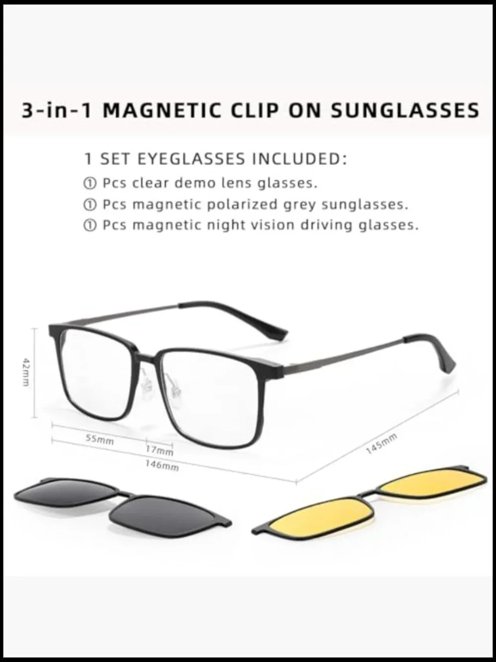 Magnetic Clip On Polarized Sunglasses for Men Retro Square Night Driving